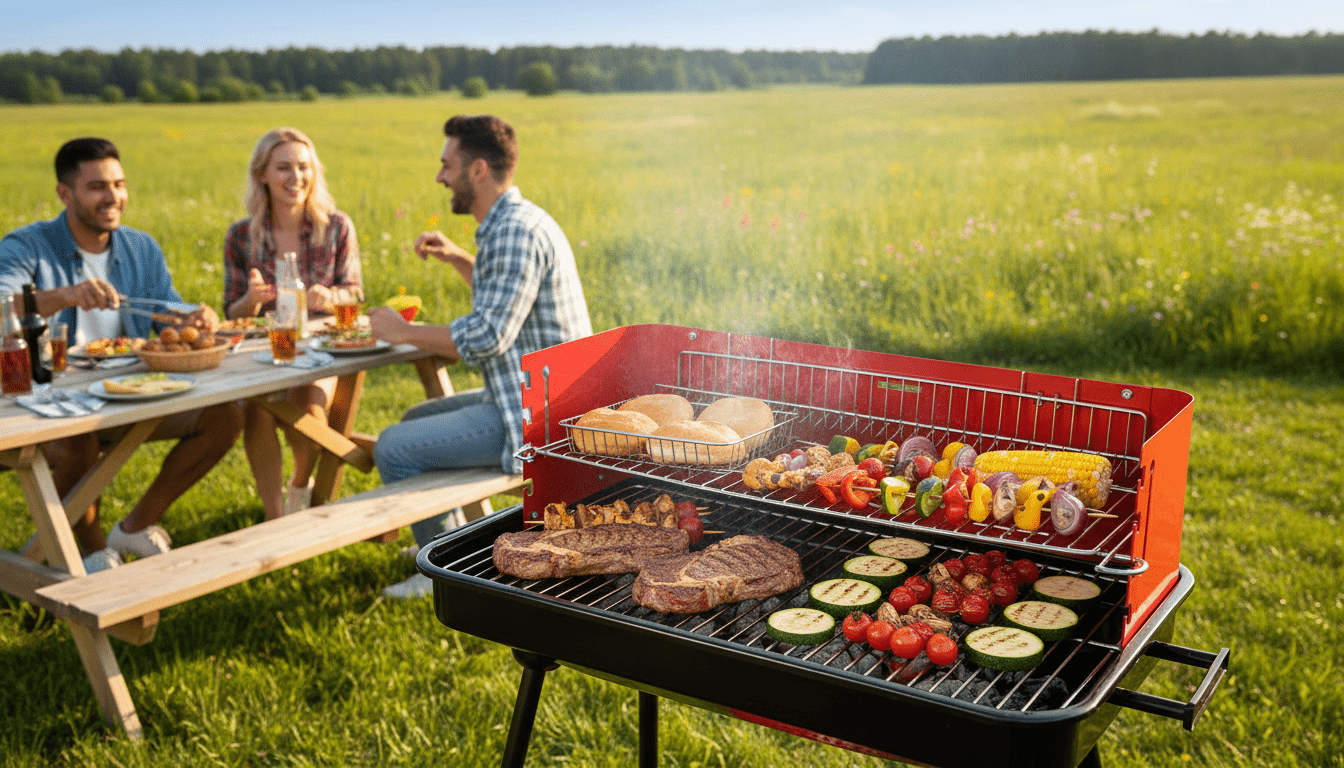 Barbecue a Carbonella Portatile BBQ con Ruote – Griglia in Metallo Resistente Rosso e Nero con Ripiano Laterale, Perfetto per Giardino, Terrazzo e Outdoor, 69 x 45 x 84 cm
