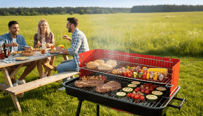 Barbecue a Carbonella Portatile BBQ con Ruote – Griglia in Metallo Resistente Rosso e Nero con Ripiano Laterale, Perfetto per Giardino, Terrazzo e Outdoor, 69 x 45 x 84 cm