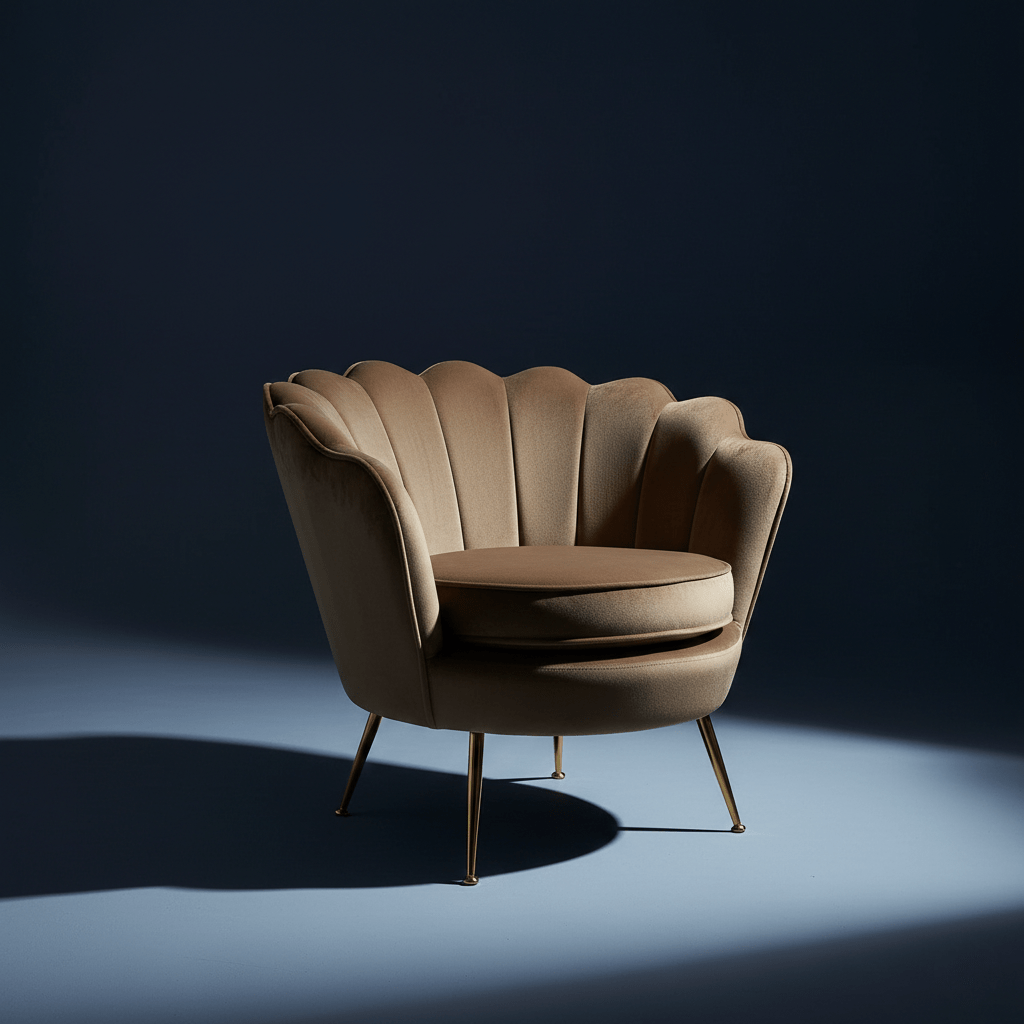 Poltrona a Conchiglia in Velluto Marrone con Cuscino. Gambe in Metallo Dorato. Design Moderno Glamour per Salotto, Camera e Vanity. Seduta Imbottita ed Ergonomica. Misure 70x67x75cm. Stile Vintage Chic.