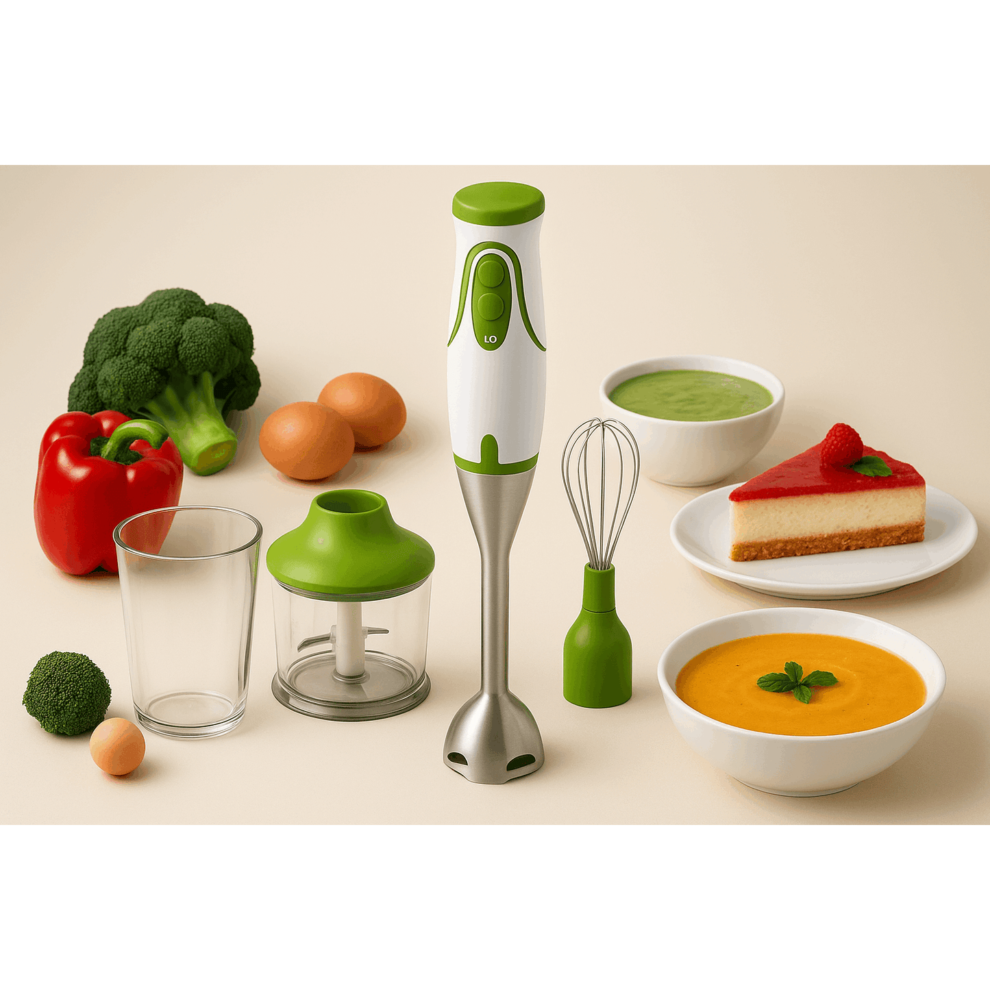 Frullatore a Immersione Multifunzione 3 in 1 – 450W Potente e Silenzioso, Lame in Acciaio Inox, 2 Velocità, con Contenitori e Frusta – Perfetto per Pappe, Salse, Frutta e Verdura