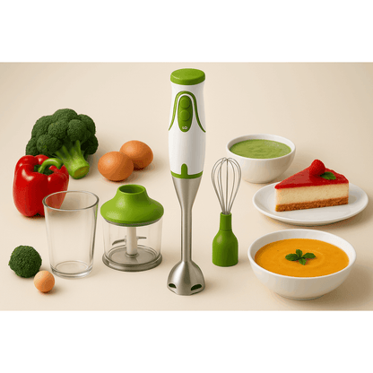 Frullatore a Immersione Multifunzione 3 in 1 – 450W Potente e Silenzioso, Lame in Acciaio Inox, 2 Velocità, con Contenitori e Frusta – Perfetto per Pappe, Salse, Frutta e Verdura