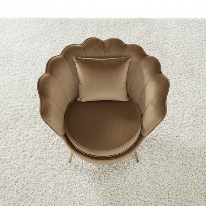 Poltrona a Conchiglia in Velluto Marrone con Cuscino. Gambe in Metallo Dorato. Design Moderno Glamour per Salotto, Camera e Vanity. Seduta Imbottita ed Ergonomica. Misure 70x67x75cm. Stile Vintage Chic.