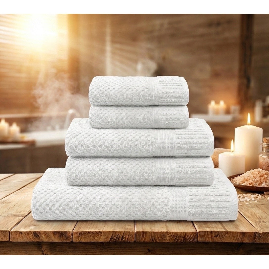 Set 5 Asciugamani Bianchi 500 GSM Cotone. Kit Bagno Hotel Spa: 1 Telo Doccia 90x140, 2 Viso 50x100, 2 Ospite 40x60. Spugna Bianca Assorbente Alta Qualità. Biancheria Casa Lussuosa Resistente.