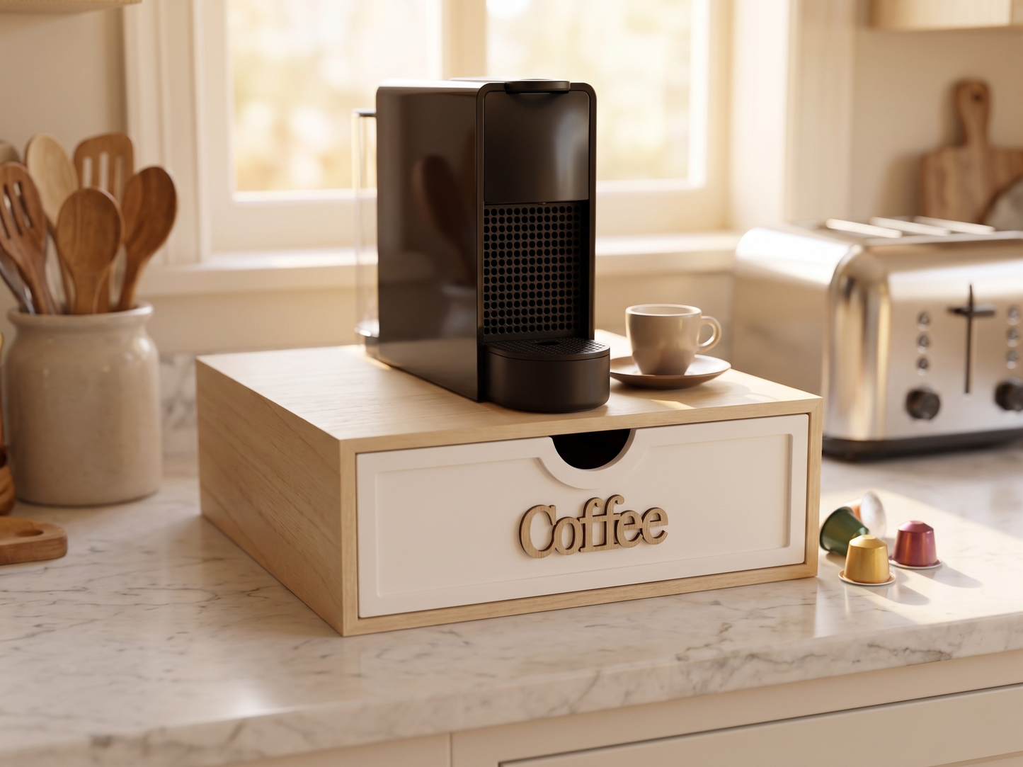 Cassetto Porta Cialde e Capsule in Legno con 3 Scomparti - Base per Macchina da Caffè (30x30x10 cm)