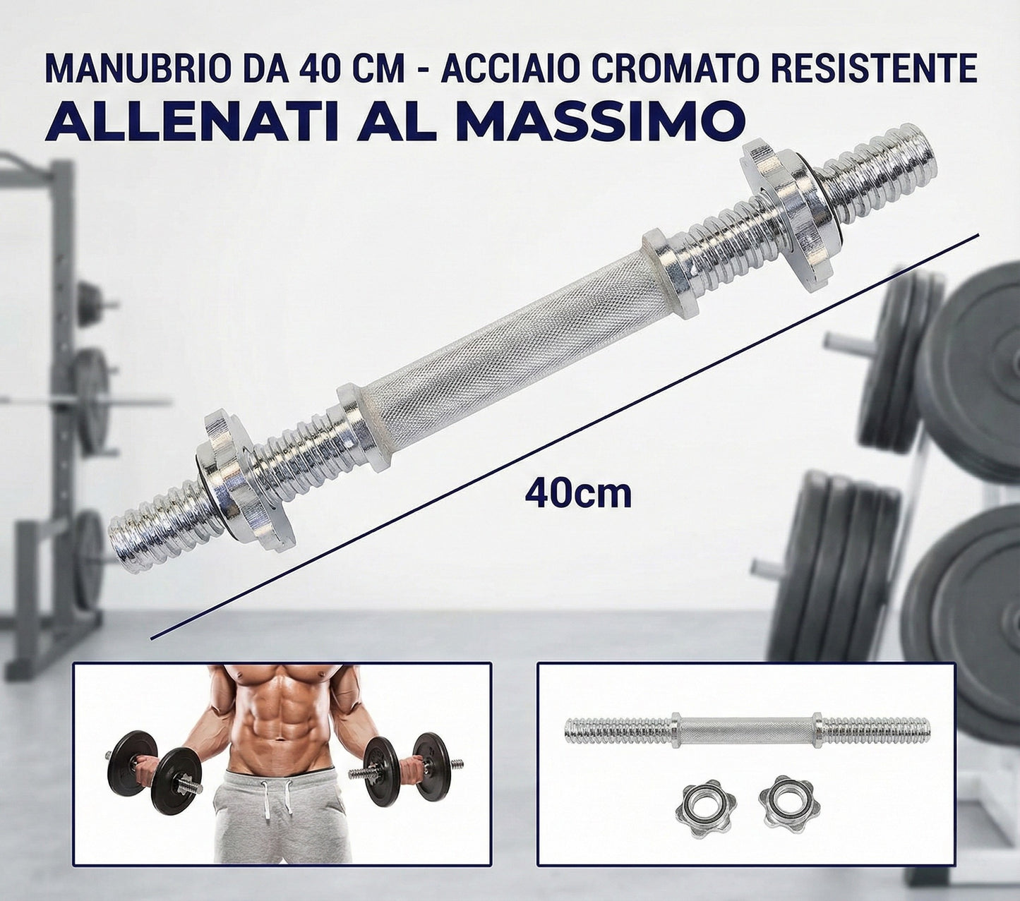 Manubrio Componibile 40cm in Acciaio Cromato con Ghiere di Sicurezza a Stella - Presa Antiscivolo