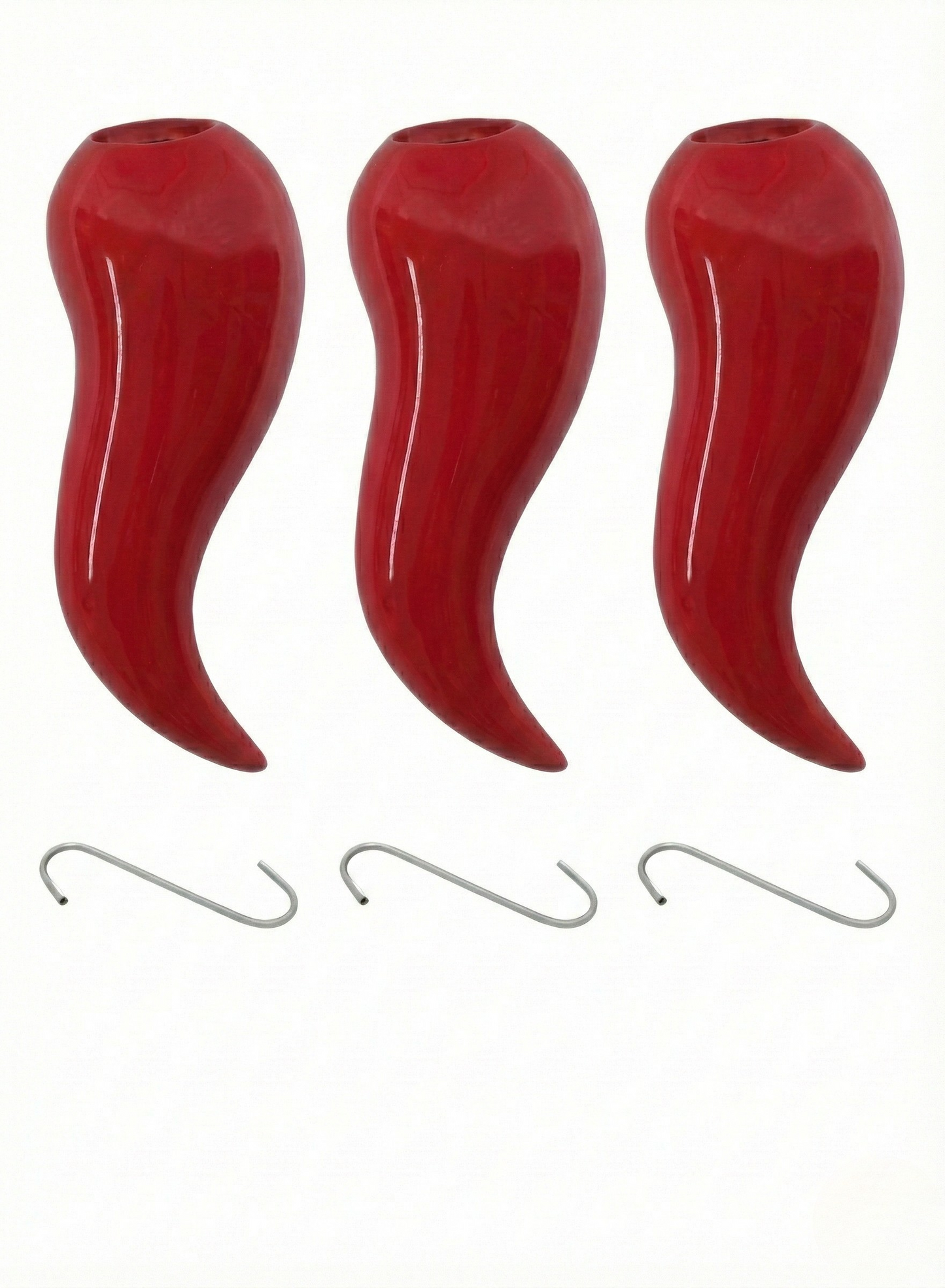 Kit 3 Umidificatori per Termosifone a Forma di Peperoncino Rosso, Evaporatori in Ceramica Smaltata per Caloriferi, Diffusori d'Aria Decorativi per Casa e Ufficio, Design Originale Portafortuna, Include Ganci Metallici, Dimensioni 18x7x4 cm