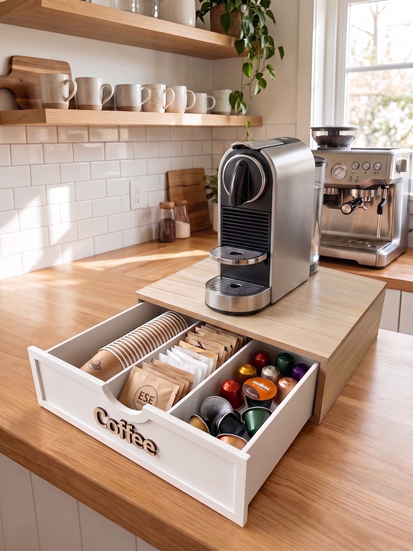 Cassetto Porta Cialde e Capsule in Legno con 3 Scomparti - Base per Macchina da Caffè (30x30x10 cm)