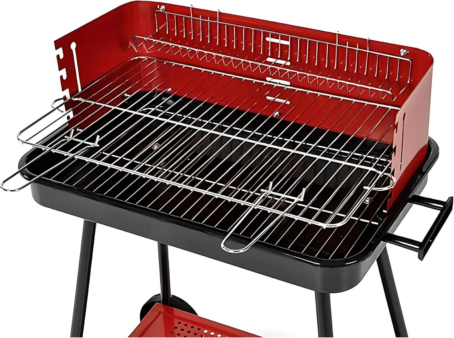 Barbecue a Carbonella Portatile BBQ con Ruote – Griglia in Metallo Resistente Rosso e Nero con Ripiano Laterale, Perfetto per Giardino, Terrazzo e Outdoor, 69 x 45 x 84 cm