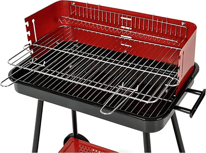 Barbecue a Carbonella Portatile BBQ con Ruote – Griglia in Metallo Resistente Rosso e Nero con Ripiano Laterale, Perfetto per Giardino, Terrazzo e Outdoor, 69 x 45 x 84 cm