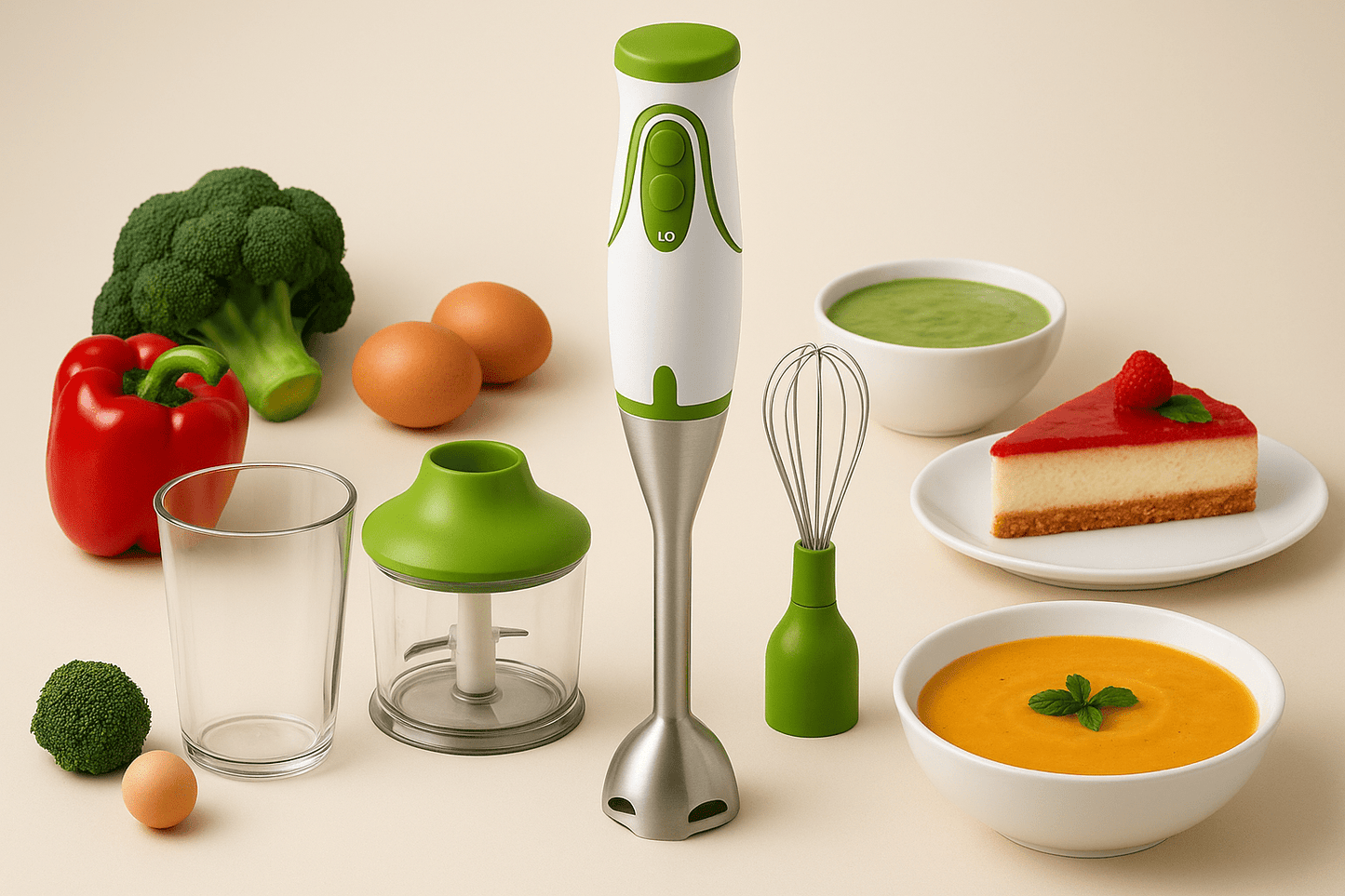Frullatore a Immersione Multifunzione 3 in 1 – 450W Potente e Silenzioso, Lame in Acciaio Inox, 2 Velocità, con Contenitori e Frusta – Perfetto per Pappe, Salse, Frutta e Verdura