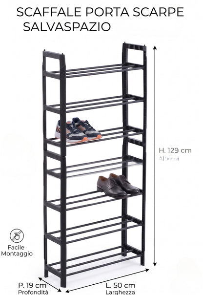 Scarpiera Salvaspazio Slim a 8 Ripiani in Plastica - 50x19x129 cm - Nero
