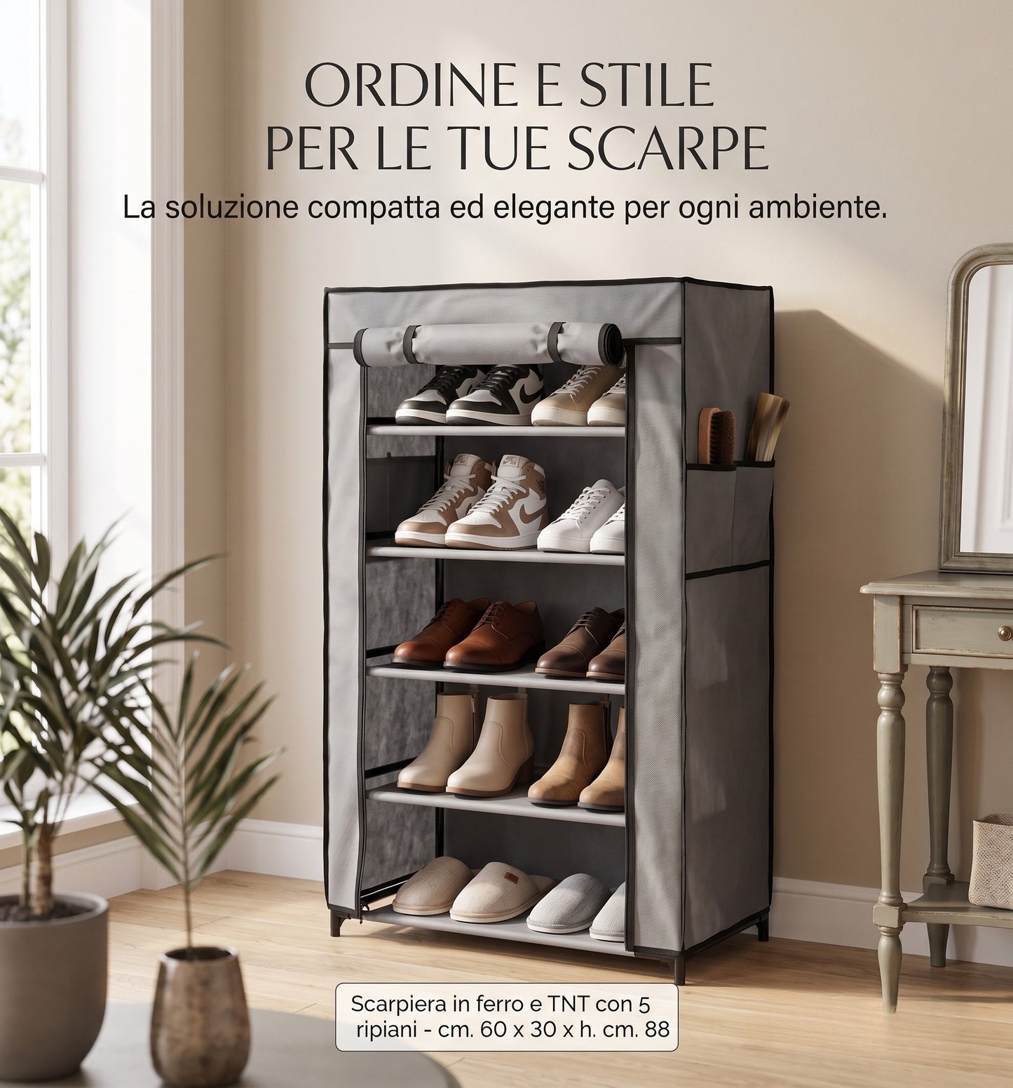 Scarpiera Salvaspazio in TNT e Ferro a 5 Ripiani - Grigio - 60 x 30 x 88 cm