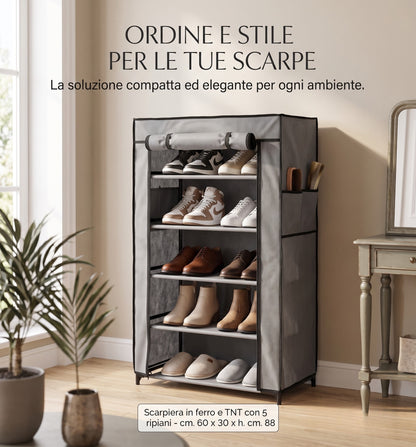 Scarpiera Salvaspazio in TNT e Ferro a 5 Ripiani - Grigio - 60 x 30 x 88 cm
