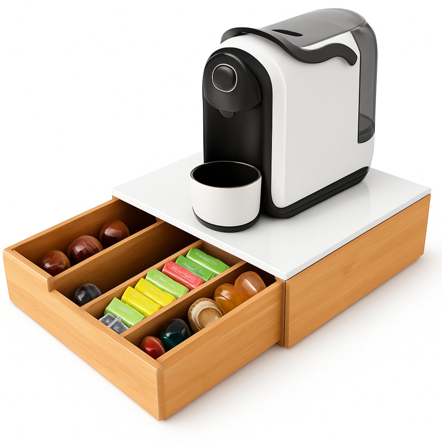 Porta Cialde in Bambù con Cassetto – Organizer Elegante per Cialde, Capsule e Tisane