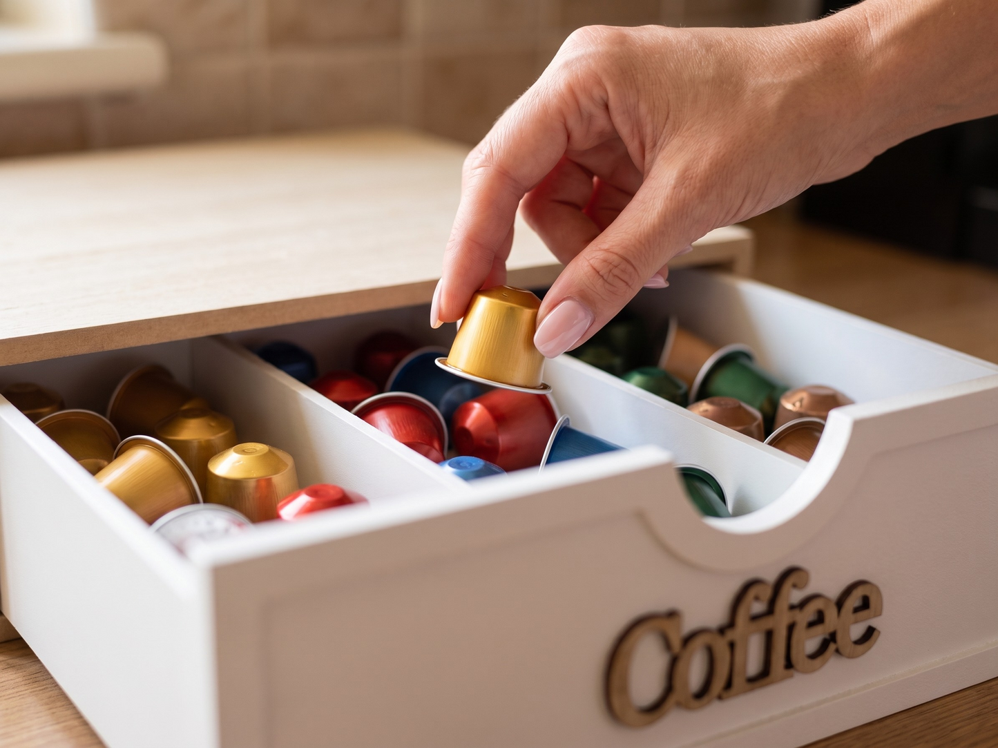 Cassetto Porta Cialde e Capsule in Legno con 3 Scomparti - Base per Macchina da Caffè (30x30x10 cm)