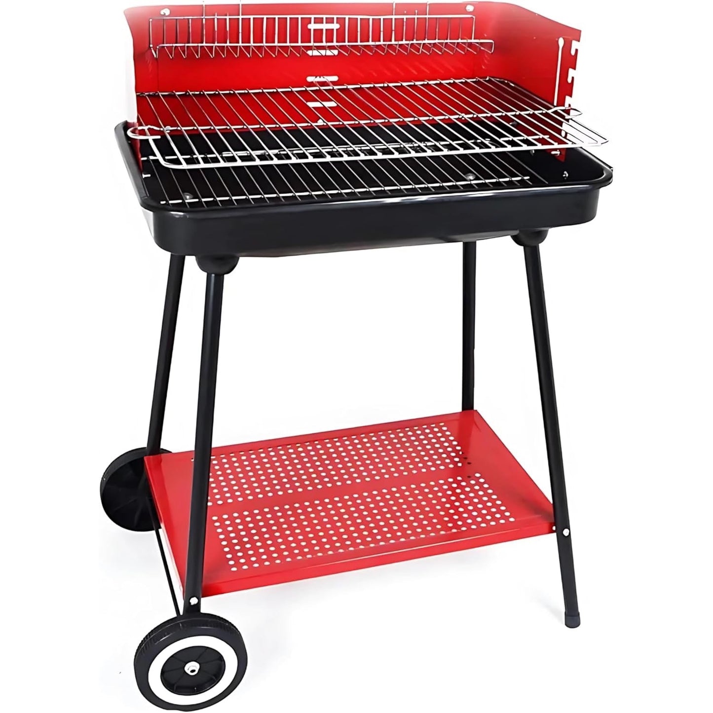 Barbecue a Carbonella Portatile BBQ con Ruote – Griglia in Metallo Resistente Rosso e Nero con Ripiano Laterale, Perfetto per Giardino, Terrazzo e Outdoor, 69 x 45 x 84 cm