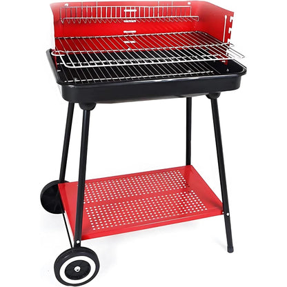 Barbecue a Carbonella Portatile BBQ con Ruote – Griglia in Metallo Resistente Rosso e Nero con Ripiano Laterale, Perfetto per Giardino, Terrazzo e Outdoor, 69 x 45 x 84 cm