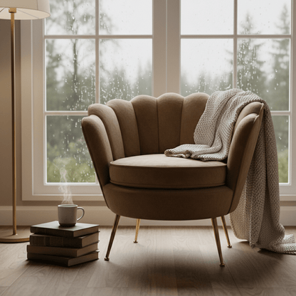 Poltrona a Conchiglia in Velluto Marrone con Cuscino. Gambe in Metallo Dorato. Design Moderno Glamour per Salotto, Camera e Vanity. Seduta Imbottita ed Ergonomica. Misure 70x67x75cm. Stile Vintage Chic.