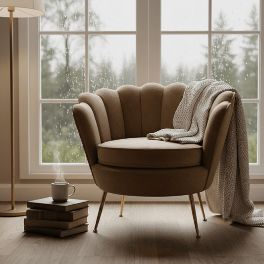 Poltrona a Conchiglia in Velluto Marrone con Cuscino. Gambe in Metallo Dorato. Design Moderno Glamour per Salotto, Camera e Vanity. Seduta Imbottita ed Ergonomica. Misure 70x67x75cm. Stile Vintage Chic.