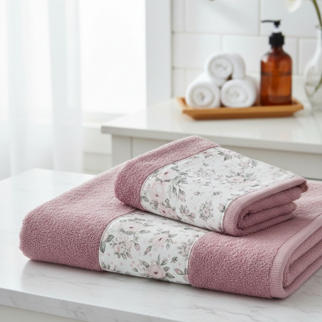 Set 2 Asciugamani in Spugna di Cotone con Balza Fantasia – Viso e Ospite