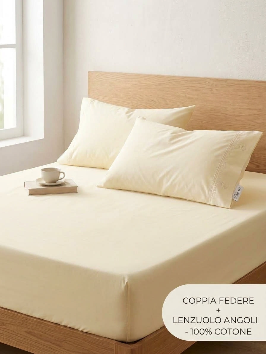 Set Letto 3 Pezzi in 100% Puro Cotone: Lenzuolo con Angoli + 2 Federe