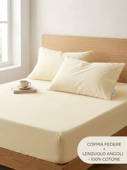 Set Letto 3 Pezzi in 100% Puro Cotone: Lenzuolo con Angoli + 2 Federe