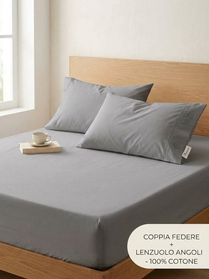 Set Letto 3 Pezzi in 100% Puro Cotone: Lenzuolo con Angoli + 2 Federe