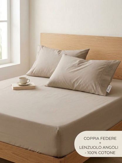 Set Letto 3 Pezzi in 100% Puro Cotone: Lenzuolo con Angoli + 2 Federe