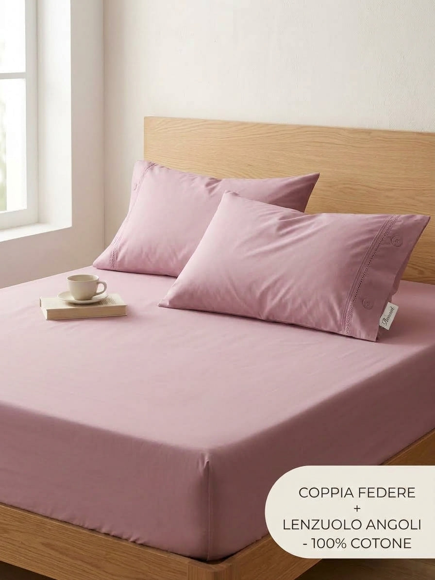 Set Letto 3 Pezzi in 100% Puro Cotone: Lenzuolo con Angoli + 2 Federe