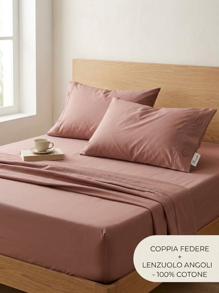 Set Letto 3 Pezzi in 100% Puro Cotone: Lenzuolo con Angoli + 2 Federe