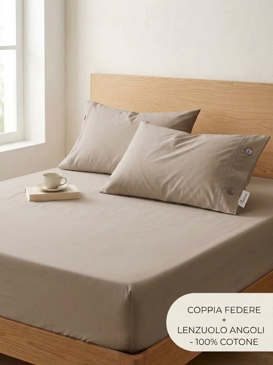 Set Letto 3 Pezzi in 100% Puro Cotone: Lenzuolo con Angoli + 2 Federe