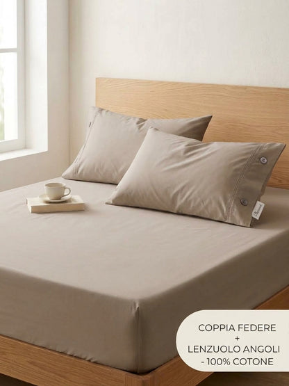 Set Letto 3 Pezzi in 100% Puro Cotone: Lenzuolo con Angoli + 2 Federe