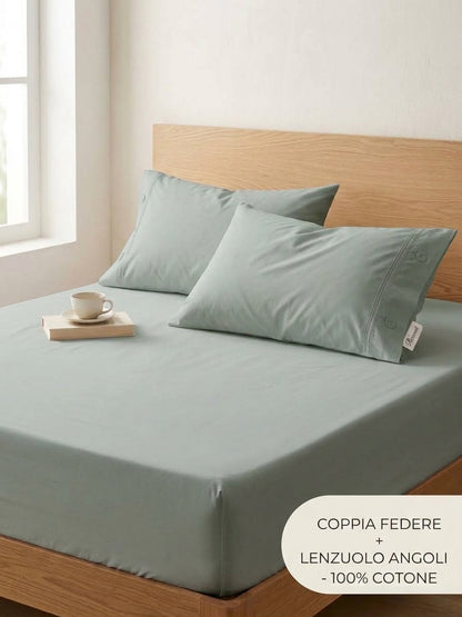 Set Letto 3 Pezzi in 100% Puro Cotone: Lenzuolo con Angoli + 2 Federe